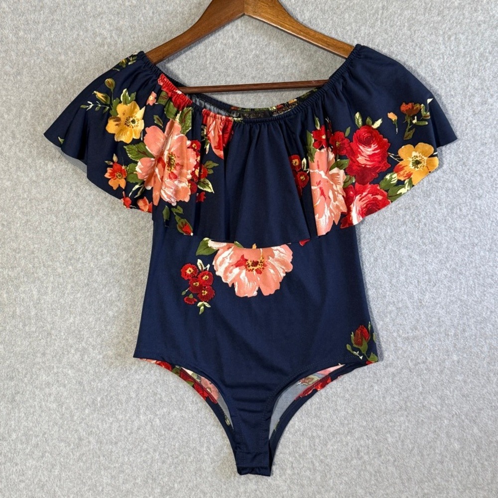 Discovery Clothing Navy Floral Off Shoulder Ruffle Bodysuit Small Thong Snap